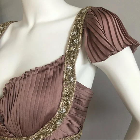 Marchesa Mauve Sequin Bugle Bead Silk Pleated Gown - Picture 6 of 7